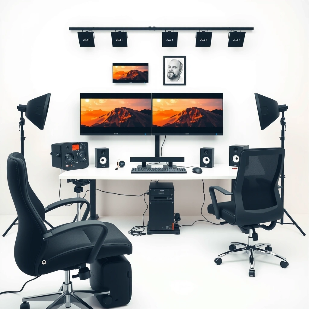 Clean organized video editing workspace with professional equipment